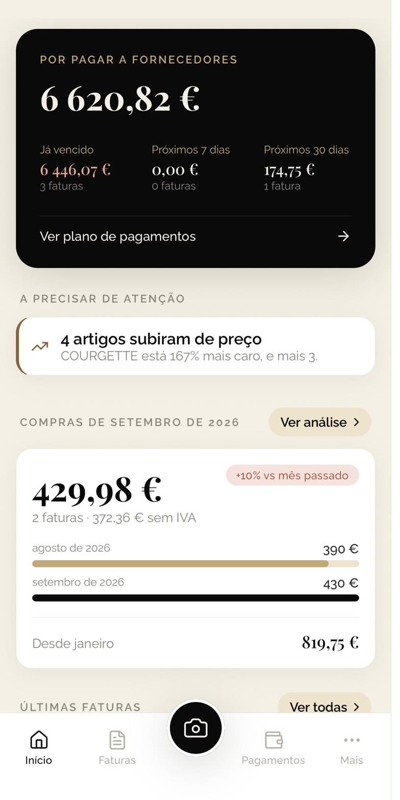 Ecrã inicial com o total por pagar a fornecedores