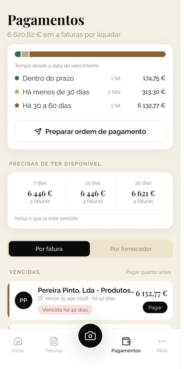 Ecrã de pagamentos a fornecedores